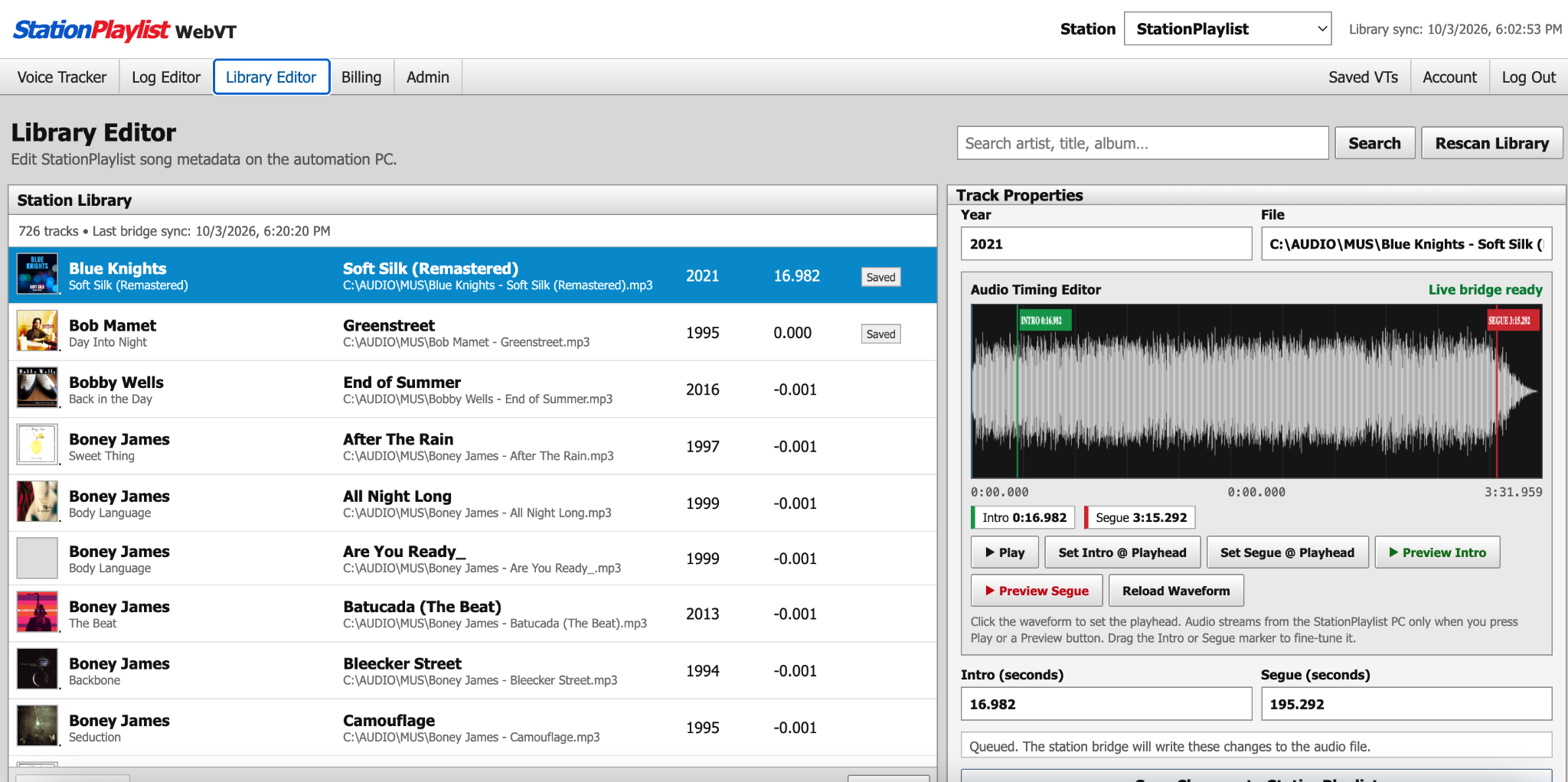 SPL WebVT Library Editor screen